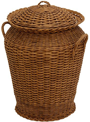 Wäschekorb/Wäschetonne rund aus echtem Rattan, Wäschesammler mit Deckel und Inlett (Vintage Braun)