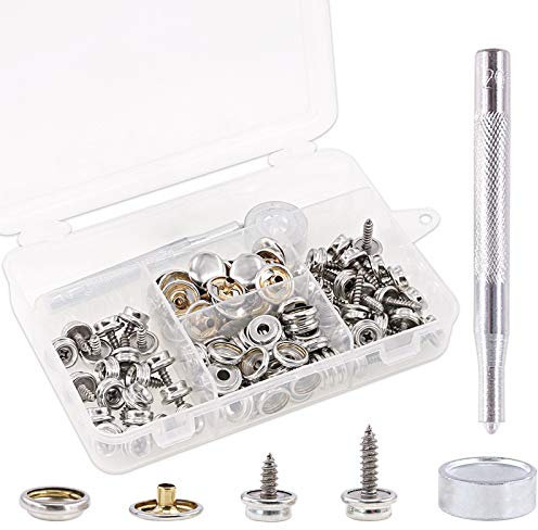 Keadic 120Pcs Stainless Steel Snap Button Kit Marine Grade Canvas and Upholstery Boat Cover Snap Button Fastener Kit with 2Pcs Setting Tools for Furniture Canvas Fabric Boats - Silver(40 Sets)
