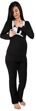 M.M.C. Still-Pyjama Set mit Spitze für Damen - Umstandspyjama Schlafanzug Nachtwäsche für Schwangerschaft und Stillzeit mit Stillfunktion, Langarm (Schwarz, Small)