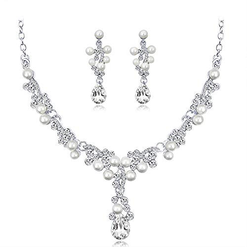 Kamise Hochzeit Halskette & Ohrringe Set, Blumen Schmuckset Damen mit Weiß Kristall & Künstliche Perle, Luxus Hochzeitsschmuck mit Schmuck Geschenkbox für Braut Brautjungfern