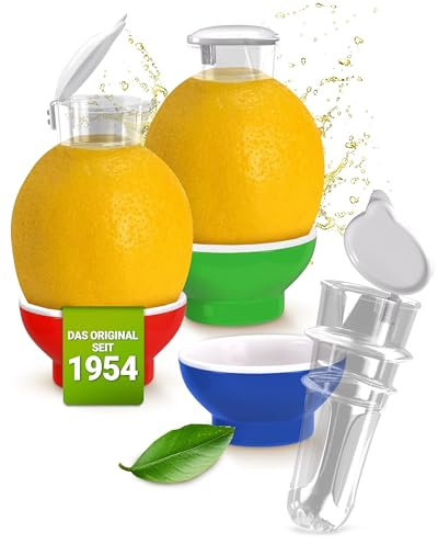 3 x Patent-Safti Zitronenpresse Zitronen-Ausgießer Orangen-Limetten-Zitronen-Entsafter Manuelle Saft-Presse Citruspresse (Blau Rot Grün)
