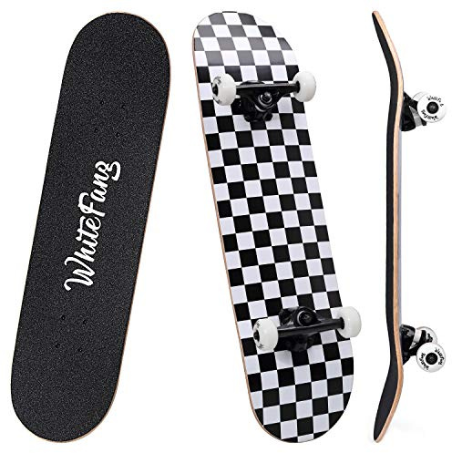 WhiteFang Skateboards 78,9 cm komplettes Skateboard, Doppel-Kick-Skateboard, 7-lagiges kanadisches Ahorn-Deck, Skateboard für Kinder und Anfänger (kariert)