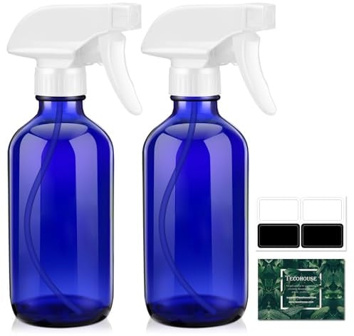 Tecohouse Glass Spray Bottle 8 oz, Blue Small Empty Refillable Sprayer Container with Labels, Funnel, Lids, Graduated Pipettes - Handheld Size