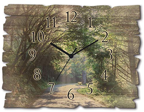 ARTLAND Wanddeko Wanduhr ohne Tickgeräusche aus Holz Quarz Uhr lautlos 40x30 cm Rechteckig Wald Landschaft Natur Bäume Frühling U1TD