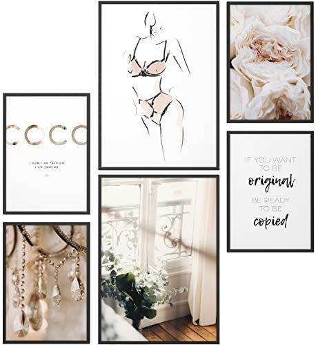 Papierschmiede® Mood Poster Set Coco Female, Gerahmte Bilder (Rahmen: Material und Farbe wählbar), Wohnzimmer Deko Wandbilder Schlafzimmer, 2x A4 und 4x A5, Eukalyptus Frau Blüten beige