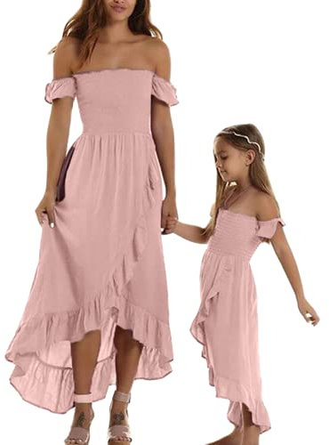 Loalirando Madre e Figlia Abiti Lunghi Eleganti Abiti Famiglia Estivi Senza Spalline Vestito Principessa Bambina/Vestiti Donna Eleganti (Rosa, 5-6 Anni)