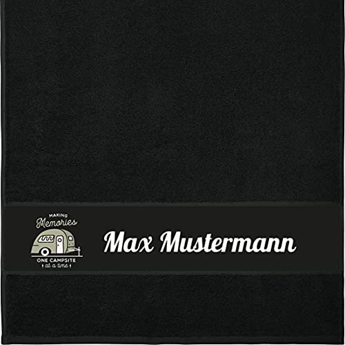 Manutextur Handtuch mit Namen - personalisiert - Motiv Camping - viele Farben & Motive - Dusch-Handtuch - schwarz - Größe 50x100 cm - persönliches Geschenk mit Wunsch-Motiv und Wunsch-Name