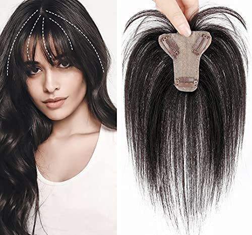 EREE HAIR Damen Toupet Clip in kurzes, glattes Haar Topper mit Pony Top Crown Topper Haarverlängerung echtes menschliches Haar Ersatz Wiglet Haarteile für dünner werdendes Haar 20,3 cm Schwarz