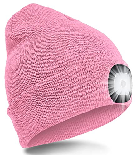 SPGOOD LED Beanie Beleuchtete Mütze mit Licht,Wiederaufladbare USB Winter Warm LED Mütze mit Licht,Lampe Laufmütze für Angeln,Jogger,Camping,Laufen(Rosa)