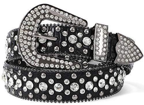 LEACOOLKEY Strass Gürtel für Damen Männer für Jeans,Western Cowgirl Nieten Ledergürtel, Damen Schwarzer Punk Strass Gürtel(S:Passgröße 70cm-80cm = 105cm Gesamtlänge,A-Schwarz)