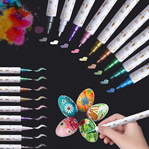 Metallic Marker Pens Set, Colouring Dual Tip Glitter Pens Paint Pens Markers for crapbooking Crafts, DIY Album, Art Rock Painting, Card Making, Metal and Ceramics, Glass,Pebbles, Canva&Wood(10PCS)