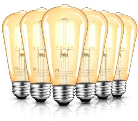 MASTERY MART E27 Vintage Light Bulbs, Non-Dimmable, 2500K Warm White, 6.5W 60W Equivalent, Retro Amber Glass ST64 Filament LED Bulb, Edison Screw Cap, 15000Hours, 650 Lumens, Pack of 6
