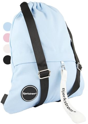Bjørkstrøm® Sportbeutel mit Außentasche und Reißverschluß - Lifestyle Rucksack mit Verstellbar Tunnelzug - Turnbeutel - Gymsack für Damen & Herren (hellblau)