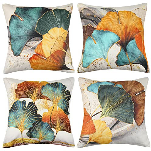 Kissenbezug 45x45 4er Set Kissenbezüge Leinen Wurfkissenbezug Türkis Gold Ginkgo Biloba Muster Natur Landhausstil Deko Kissen Kissenhülle Dekokissen für Sofa Couch Wohnzimmer Patios Outdoor Kissen
