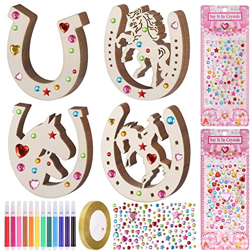 24 PCS Ferro di Cavallo in Legno, Dischi di Legno a Forma di Ferro di Cavallo, 4 Tipi di Taglio in Legno Naturale con 12 Pennarelli Colorati e 2 Pacchetti di Adesivi, Artigianato in Legno