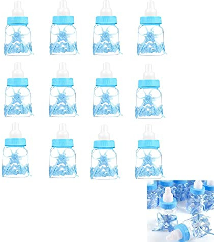 Babyparty Flaschen,12Süßigkeiten Flasche Wiederverwendbar Candy Flaschen Geschenkbox Mini Dekoschnuller Geschenk Dekorationen Geburtstagsfeier Dekoration für Jungen Mädchen Babydusche Party Taufe Blau