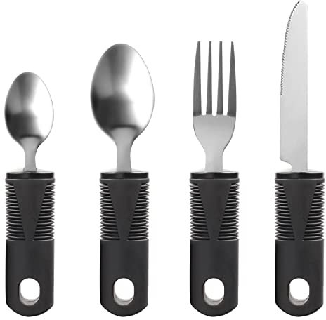 Amfrpar 4 Stück Besteck für Parkinson Patienten mit Dickem Griff Adaptive Utensilien Easy Grip Besteck Set Gabel Teelöffel Esslöffel Messer für Behinderte Menschen Senioren Ältere Arthritis (Schwarz)