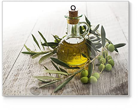 DEQORI Schneidebrett aus Glas | groß 40x30 cm | Motiv Olivenöl mit Olivenzweig | Design Schneideplatte für Küche | Frühstücksbrett antibakteriell & rutschfest | Glasplatte & Servierplatte