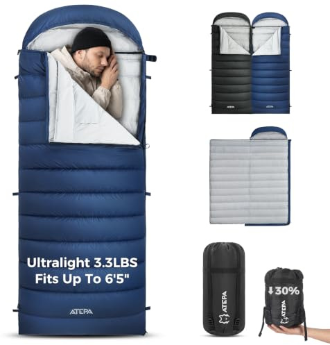ATEPA 3-in-1 Hybrid Down Sleeping Bag with Pad Attachment, XL Wide