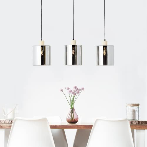 Lightbox Lampe à suspension à 3 flammes - hauteur réglable en verre fumé - 3 x E27 max. 40 W - 120 cm de hauteur & 90 cm de largeur - en métal/verre/bois d'hévéa - en noir/fumée/bois