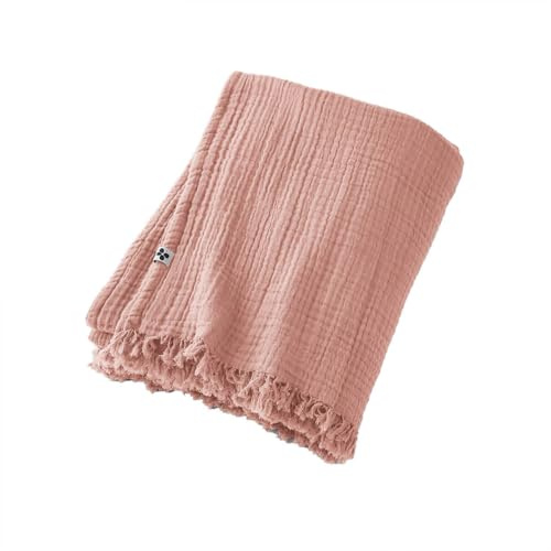 OUREA - Plaid à Franges 180x220cm 4 Epaisseurs Gaze de Coton Rose Pêche