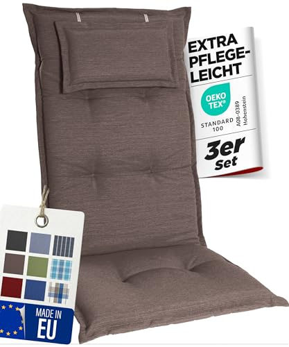 gardisun Gartenstuhlauflagen Hochlehner mit Kopfteil, 3er Set, Taupe | Extra Dicke Sitzauflagen, Made in Europe, Polsterauflagen für Hochlehner, Auflagen mit extra hohem Komfort