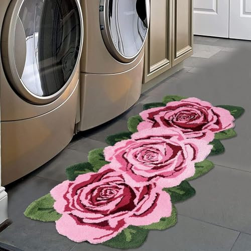 USTIDE Flauschiger Rosenteppich, rosa Rose, Läufer, Teppich, rutschfest, handgefertigt, moderne Teppiche, waschbar, Bodenläufermatten für Wohnzimmer, Waschküche, Flur und Badezimmer, Hochflor