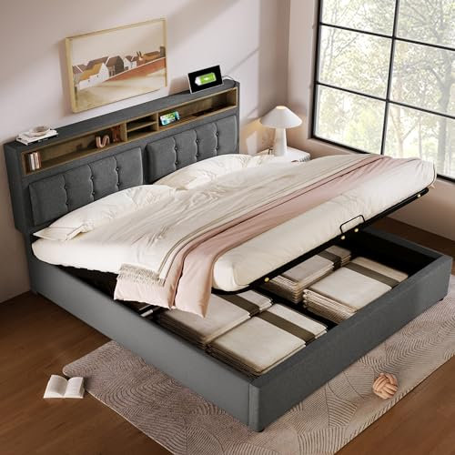 Becag Polsterbett 160x200, Doppelbett mit Stauraum, Kopfteil mit Bücherregal und USBC-Steckdose, Stauraumbett mit Lattenrost, Jugendbett Rückenlehne Bett, Grau Leinenmaterial, ohne Matratze