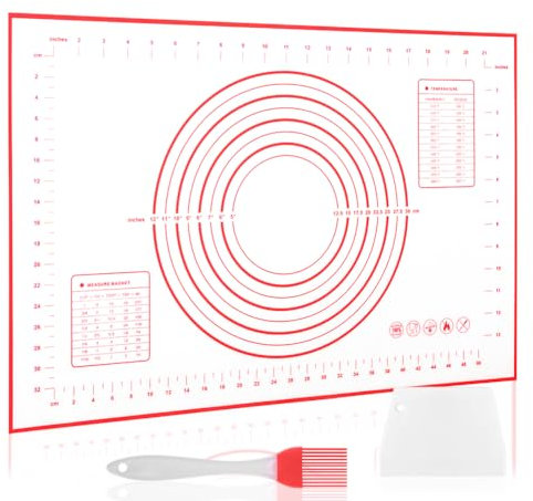 LXUDN Silikon Backmatte 60 * 80cm, Antihaft Teigmatte, Backunterlage Messmarken, Teigunterlage Rutschfester Boden, Teigmatte Silikon für Teig Fondant Pizza Teig Brot(Rot+Schaber)