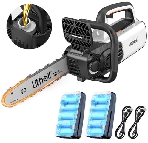 Litheli Motosega a Batteria per Potatura, Motosega Elettrica a Batteria Brushless da 30cm, Lubrificazione Automatica, Sicurezza Design per il Taglio Del Legno e Giardini