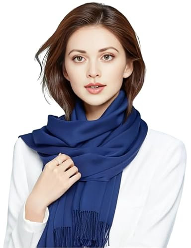 LA FERANI Damen Kaschmir Schal dünn Herbst Winter 185x65 Kaschmirschal dunkel blau Pashmina Halstuch formell stillvoll Wollschal Wolle Uni Farbe Damenschal Geschenk für Sie (Dunkel Blau)