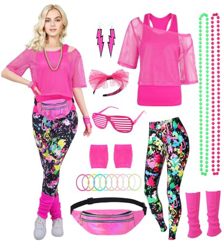 80er 90er Jahre Outfit Damen Netzshirt, Tank top, Leggins, Netzhandschuhe, Bauchtasche, Haarband, Ohrring, Armband, Halskette, 80iger Kostüm Zubehör Neon Kleidung 80s Aerobic Bad Taste Outfit FR039M