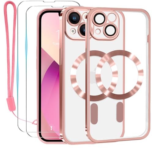 Lafunda Coque pour iPhone 13 avec 2×Verre Trempé et Caméra Protecteur, Coque avec MagSafe Magnétique pour iPhone 13 Film Protection D'écran Transparente Coque Aimantée Or Rose