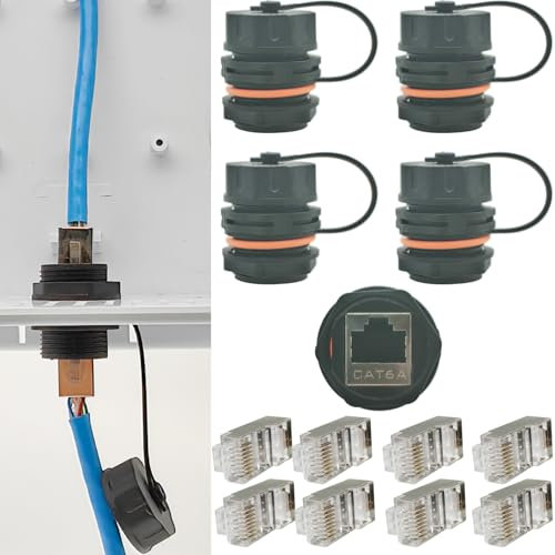 Waterproof RJ45 Coupler, 4 pcs CAT6A/6/5E/5 Ethernet Cable Connector + 8 pcs crystal heads with Shielded Industrial Panel Mount network cable waterproof connector, with Waterproof/Dust Cap