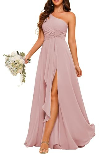 YIAX176 Robe de demoiselle d'honneur asymétrique en mousseline de soie avec plissé longue ligne A Robe de bal pour femme, vieux rose, 34