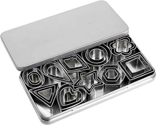 Mini-Ausstechformen-Set, 30 winzige Edelstahl-Stempel, rechteckig, quadratisch, Herz, Stern, Dreieck, rund, winziger Kreis für Gebäckteig, Kuchenkruste und Obst, Fondant