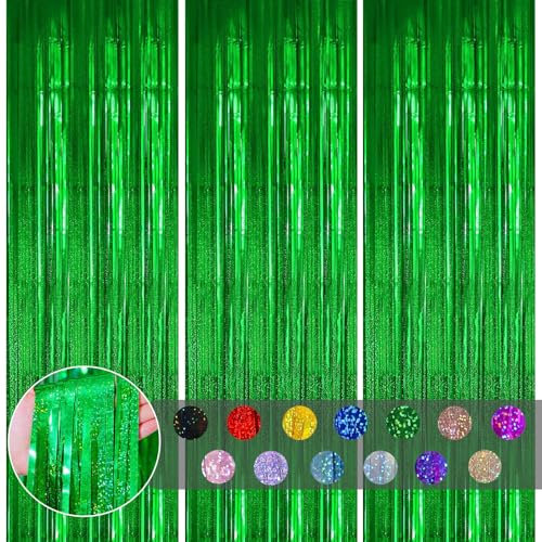 3pcs Tinsel Curtain Green Glitter Foil Door Curtain Party Backdrop,3.2ftx6.5ft Foil Fringe Curtain Party Streamers Shimmer Curtain Backdrop Decorations for Birthday Christmas St Patrick's Day Party
