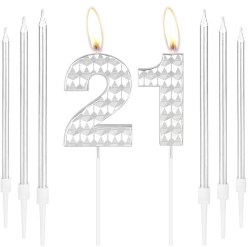 Silver 21st Birthday Number Candles - Girls & Boys Decorations, Happy Birthday Cake Toppers