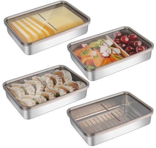 Set mit 4 Aufschnittbox Fresh, Lebensmittel Aufbewahrungsbox, Kühlschrank Organizer, Stapelbare Edelstahl-Box, Geschirrspüler Gefrierschrank für Käse,Fleisch (Mit transparentem Deckel)