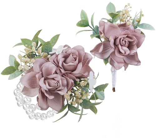 Rinlong Ansteckblume und Ansteckblumen, Armband, Bräutigam, staubige Rose, rosa Blume, Boutonniere für Herren, Hochzeit, Heimkehr, Corsage für Abschlussball