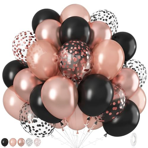 Palloncini in Oro Rosa e Neri, Palloncini in Oro Rosa e Nero da 12 Pollici, Set di Palloncini ad Elio con Coriandoli Neri in Oro Rosa Metallizzato per Compleanno Baby Shower Matrimonio Laurea