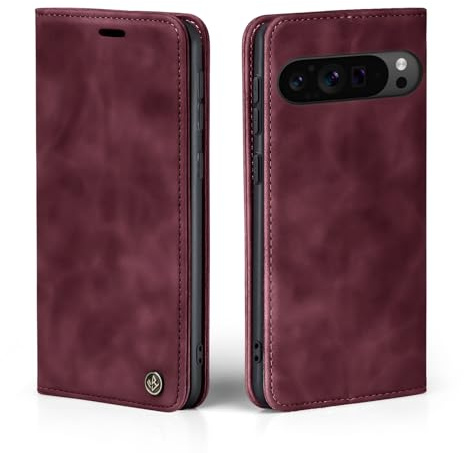 LBH Handyhülle für Google Pixel 9 Pro XL in Weinrot mit Karten- und Geldfach Smartphone Hülle mit Standfunktion Flip Case Schutzhülle Magnetverschluss Vintage