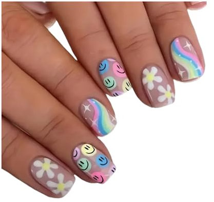 24pcs Colourful Flower & Rainbow Short Square Press On Nails, Smiling Face Designs
