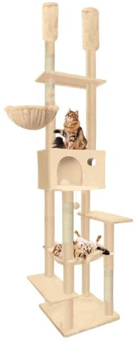 Pempet Kratzbaum, 7-stöckig, höhenverstellbar, mit Kratzstämmen, gemütliche Hängematte, Katzenhaus für Hauskatzen, 245,1 - 274,3 cm, Beige