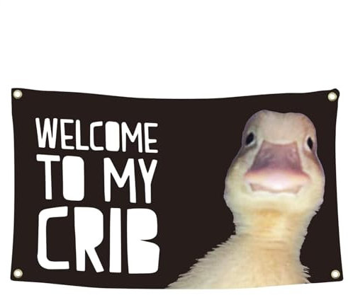 Welcome to My Crib Flag - 90*150cm Duck Funny Tapestry, Humorous Duck Face Background Crib Banner, Duck Meme Hanging Poster, Man Cave Wall Flag with 4 Brass Grommets for College and Teens Room Decor
