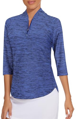 Cucuchy Damen-Golfshirt, schnelltrocknend, 3/4-Ärmel, Viertelreißverschluss, Poloshirt, Workout-Top, Tennis-Shirt, S-XXL, A-royal blau, Groß