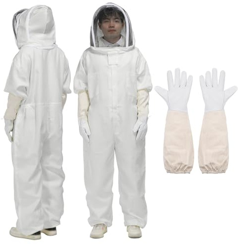 sourcing map Bee Suit for Men Women XXXL Beekeeping Suit Outfit with Gloves and Veil Hood (Jacket, Pants, Gloves) Bee Suits for Adult Backyard Professional and Beginner Bee Keeper,White