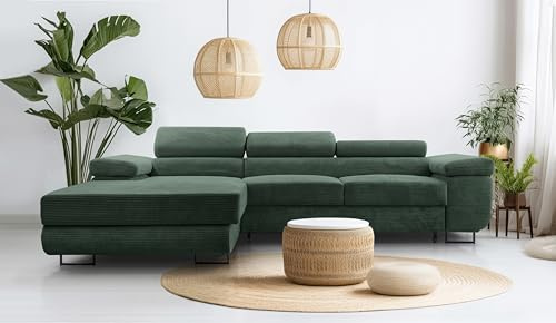 AXLIVING Cord Couch L Form – Arborio L 280 cm Ecksofa in Dunkelgrün