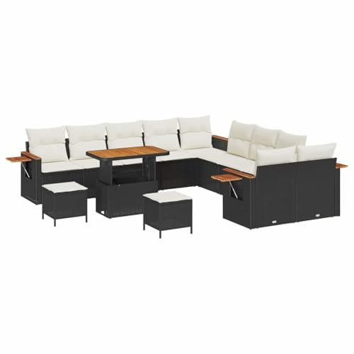 vidaXL 13-teiliges Garten-Sofa-Set mit Kissen in Schwarz und Cremeweiß aus Poly-Rattan | UV-beständige modulare Sitzmöbel für draußen, Platz für bis zu 8 Personen, stylische Lounge für die Terrasse