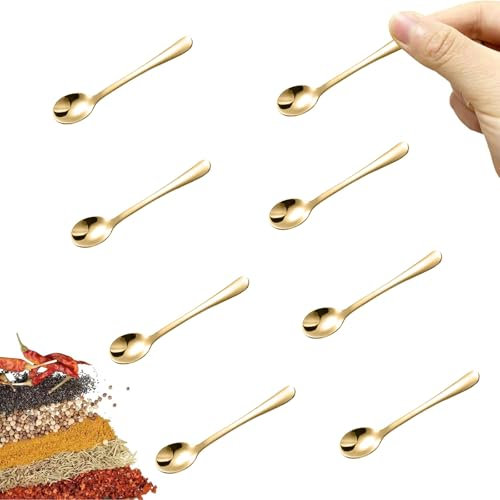 LunarCharm 8 Stück kleine Edelstahllöffel für Gewürzgläser, Minigröße, Gewürzlöffel aus Edelstahl für Gewürze, Salz, Zucker, lustige kleine Schaufeln, Gold
